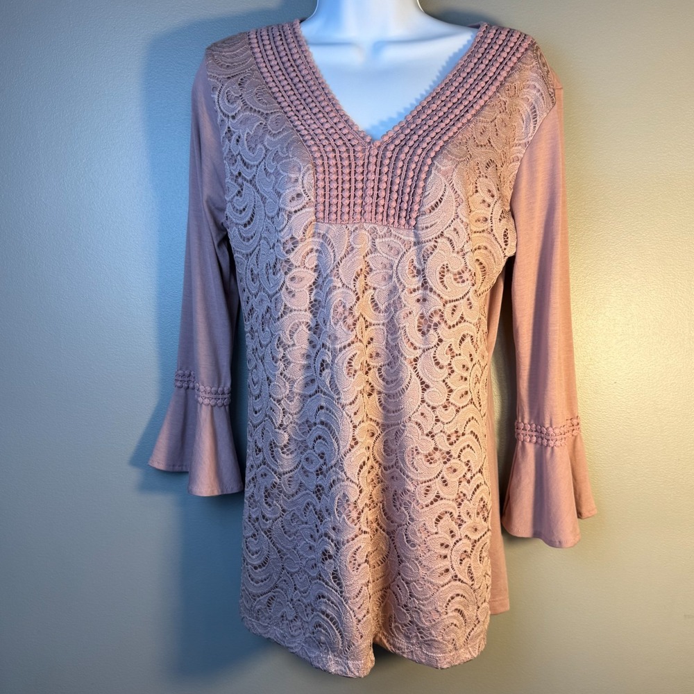 Shannon Ford New York Mauve Lace Tunic Top Size Small‎ Bell Sleeve Boho